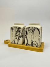 White Ceramic Marble-Effect Salt & Pepper Set with Bamboo Base